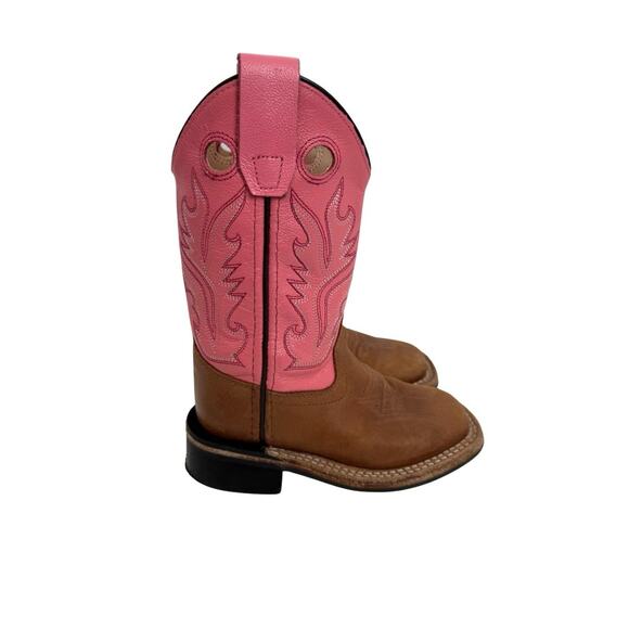 Old West Girls Pink & Brown Leather Cowboy Boots Kids 9D Square Toe - Picture 4 of 7